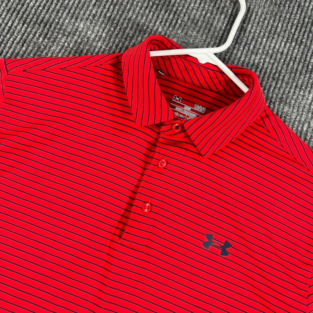 Under Armour Polo Shirt Mens Large Red Striped Short Sleeve Loose Fit Heat Gear